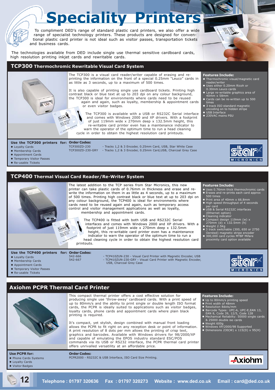 Speciality printers, Axiohm pcpr thermal card printer, Tcp300 | Tcp400 | Zebra Technologies CARD PRINTER User Manual | Page 12 / 21