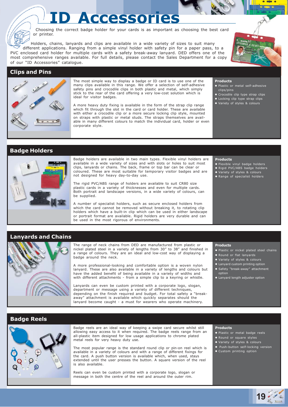 Id accessories, Badge holders, Badge reels | Lanyards and chains, Clips and pins | Zebra Technologies CARD PRINTER User Manual | Page 19 / 21