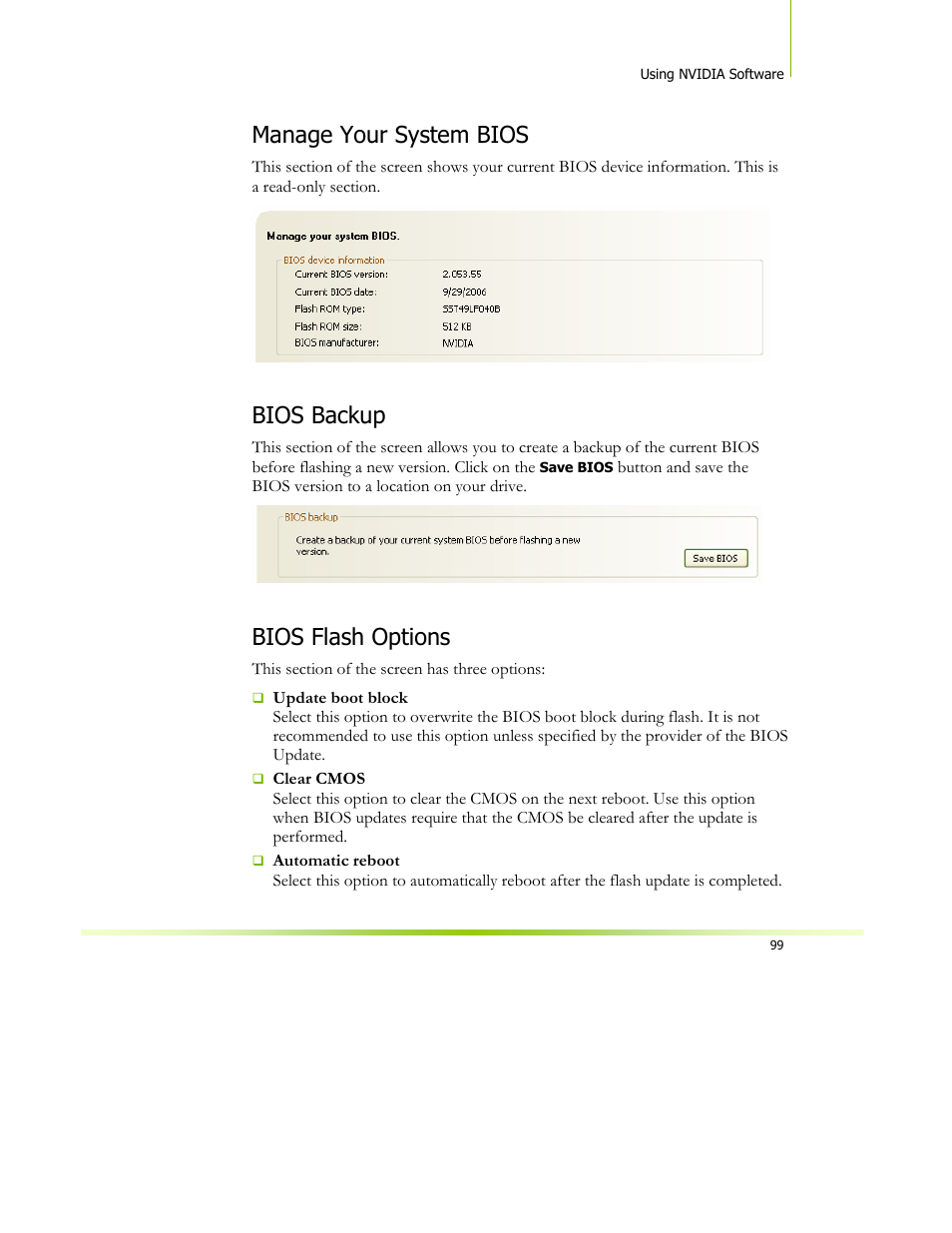 Manage your system bios, Bios backup, Bios flash options | XFX 650I User Manual | Page 113 / 121