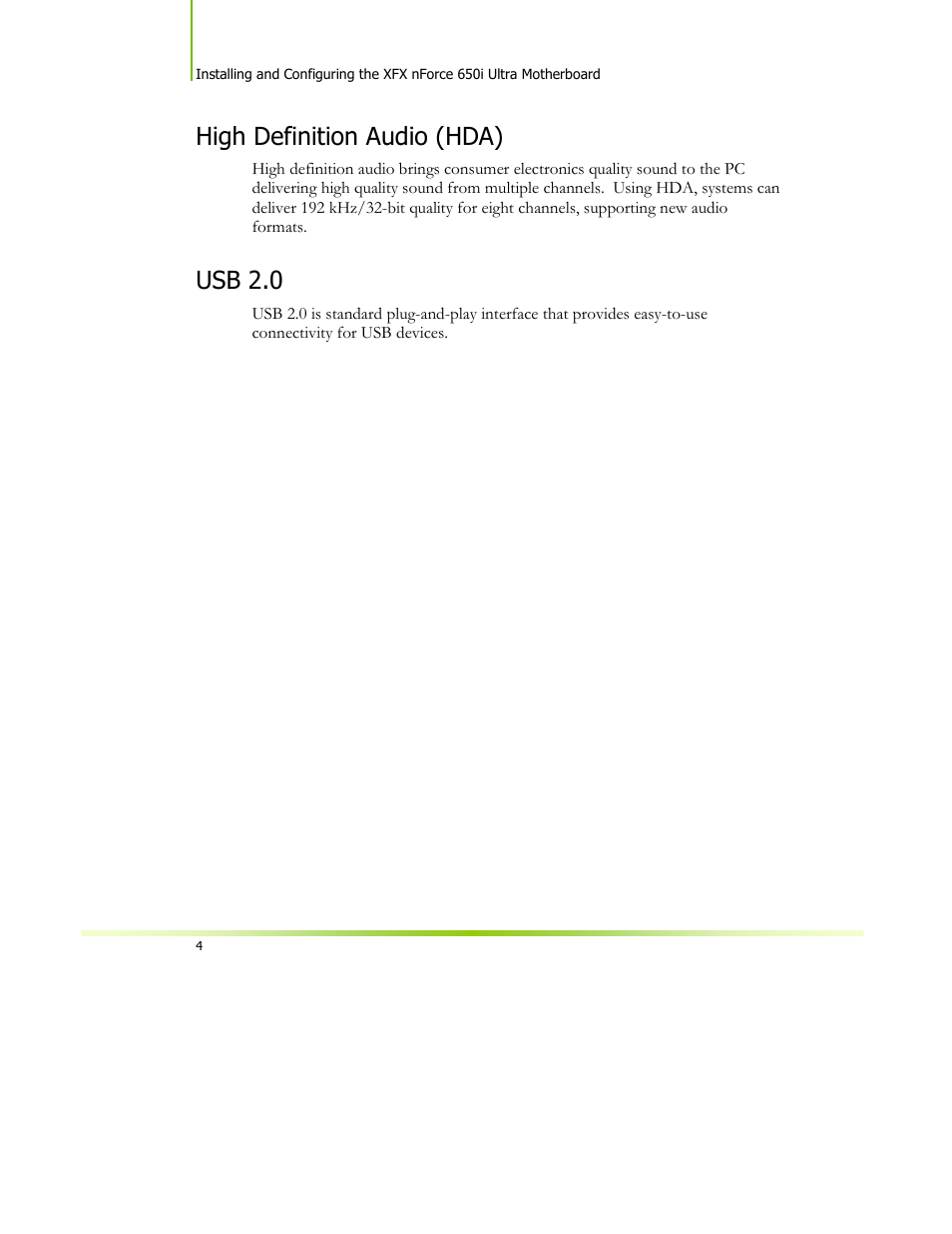 High definition audio (hda), Usb 2.0 | XFX 650I User Manual | Page 18 / 121