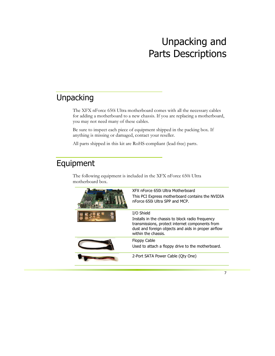 Unpacking and parts descriptions, Unpacking, Equipment | XFX 650I User Manual | Page 21 / 121