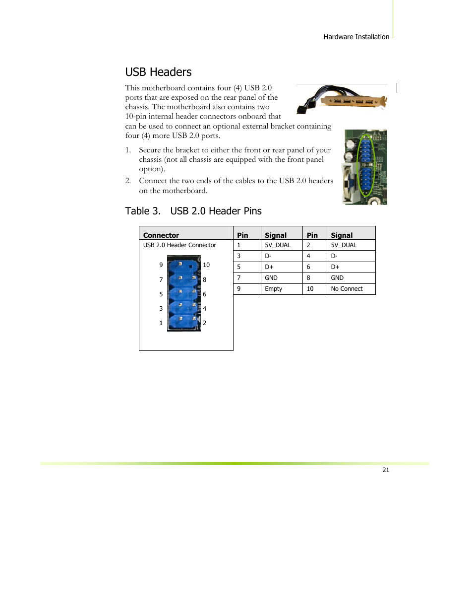 Usb headers, Table 3. usb 2.0 header pins | XFX 650I User Manual | Page 35 / 121