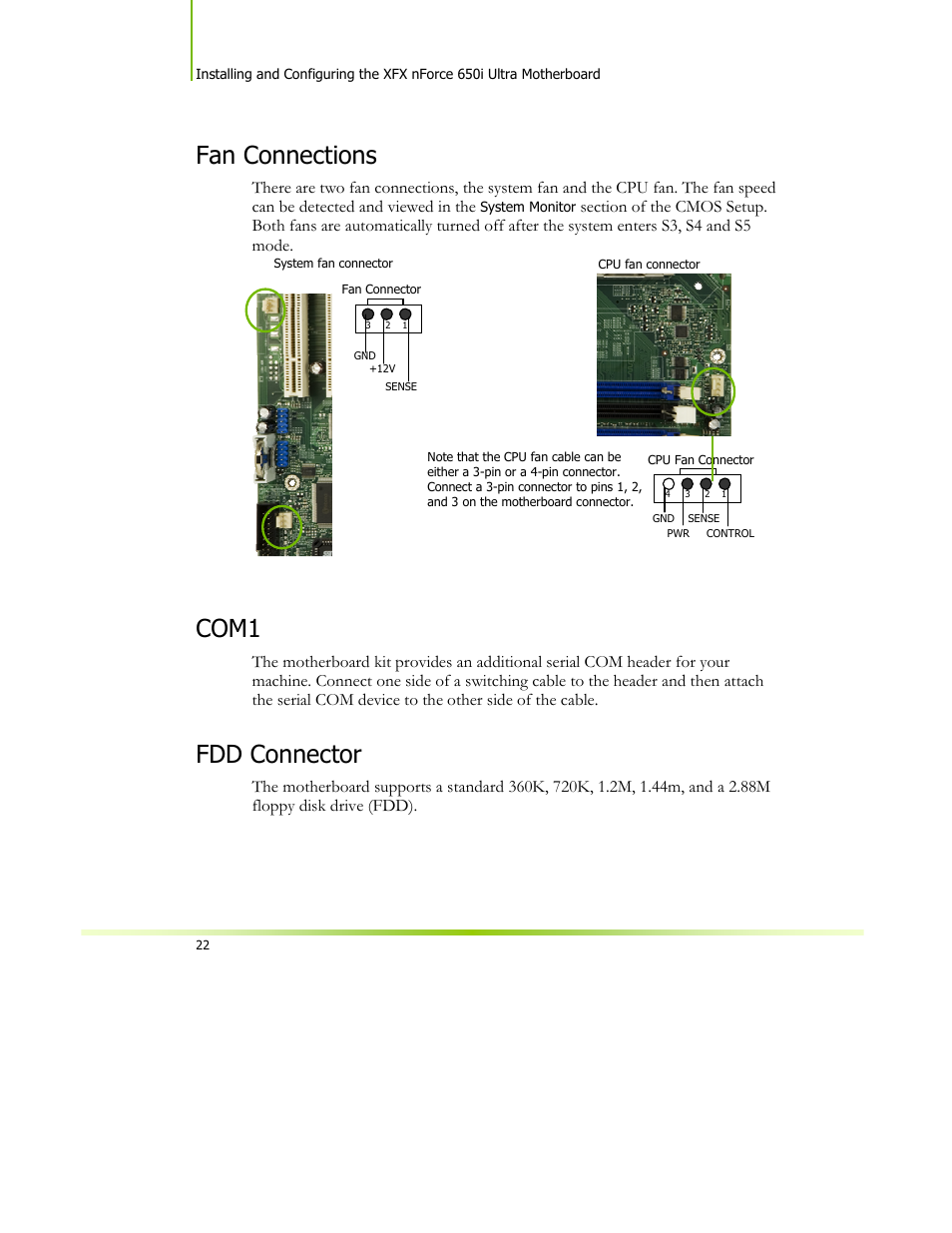 Fan connections, Com1, Fdd connector | XFX 650I User Manual | Page 36 / 121