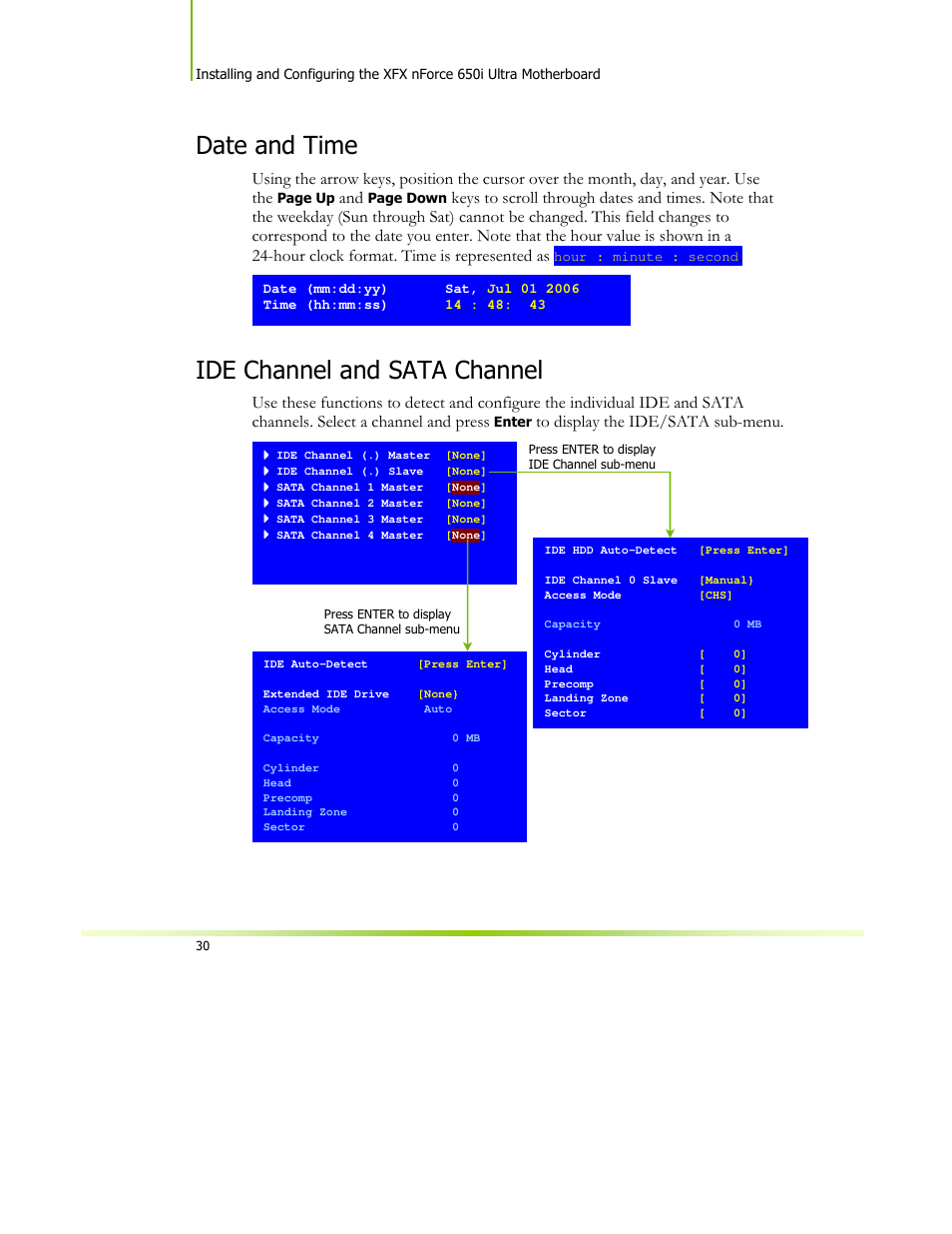 Date and time, Ide channel and sata channel | XFX 650I User Manual | Page 44 / 121