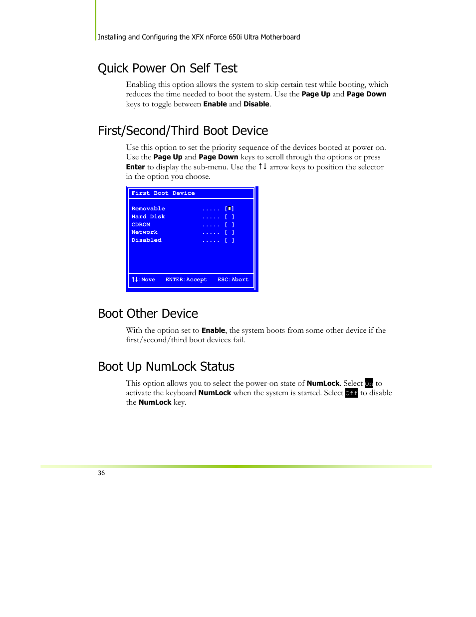 Quick power on self test, First/second/third boot device, Boot other device | Boot up numlock status | XFX 650I User Manual | Page 50 / 121