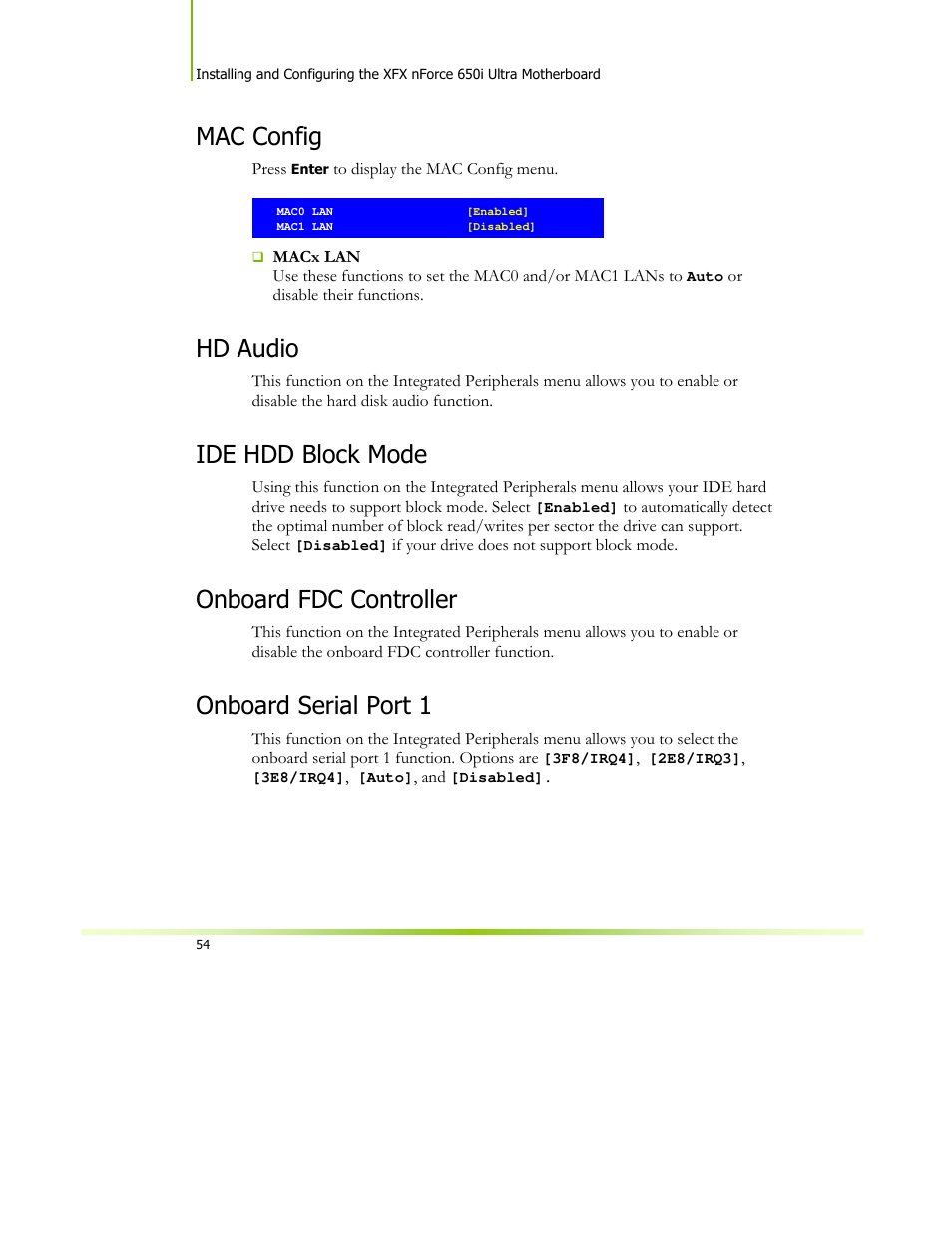 Mac config, Hd audio, Ide hdd block mode | Onboard fdc controller, Onboard serial port 1 | XFX 650I User Manual | Page 68 / 121