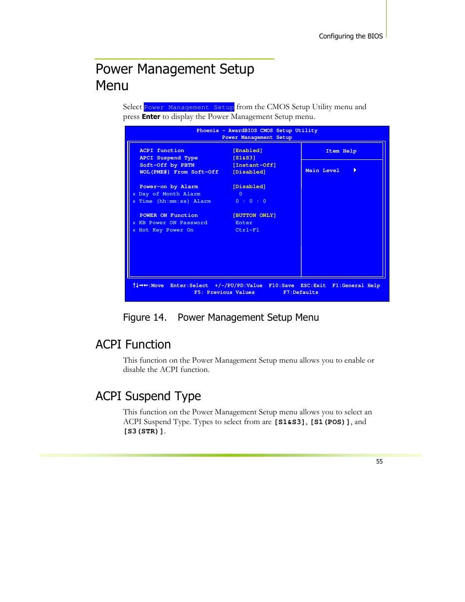 Power management setup menu, Acpi function, Acpi suspend type | Figure 14. power management setup menu, Select | XFX 650I User Manual | Page 69 / 121