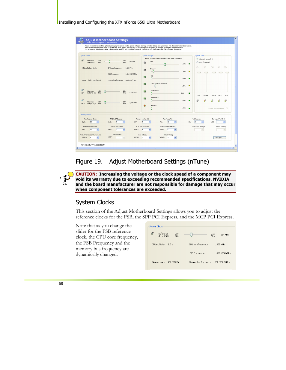 Figure 19. adjust motherboard settings (ntune), System clocks | XFX 650I User Manual | Page 82 / 121