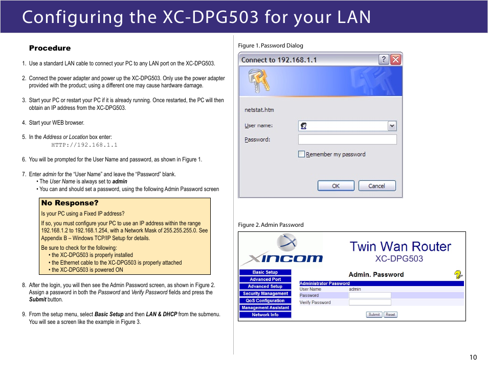 Configuring your lan, Configuring the xc-dpg503 for your lan | XiNCOM Twin WAN XC-DPG503 User Manual | Page 10 / 51