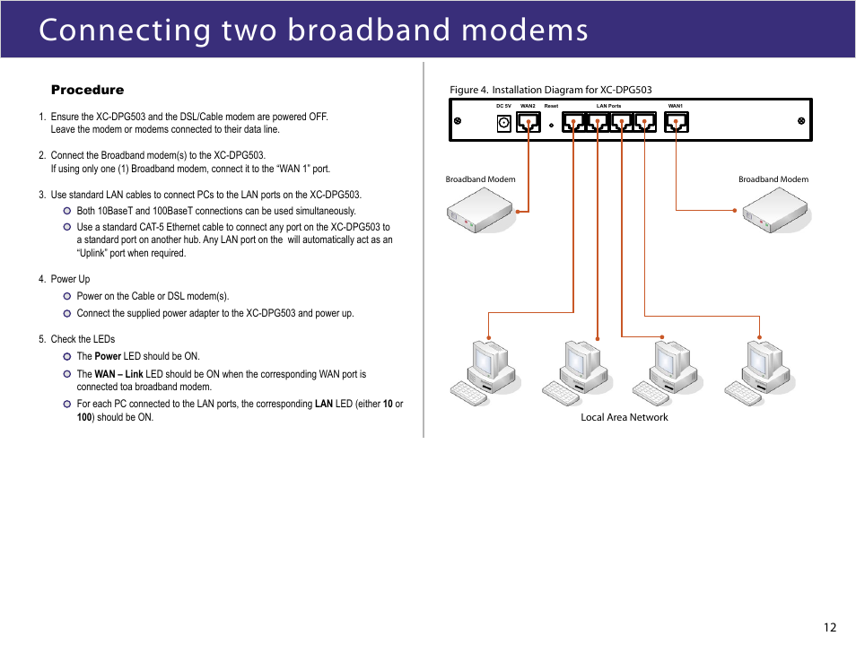 Connecting two broadband modems | XiNCOM Twin WAN XC-DPG503 User Manual | Page 12 / 51