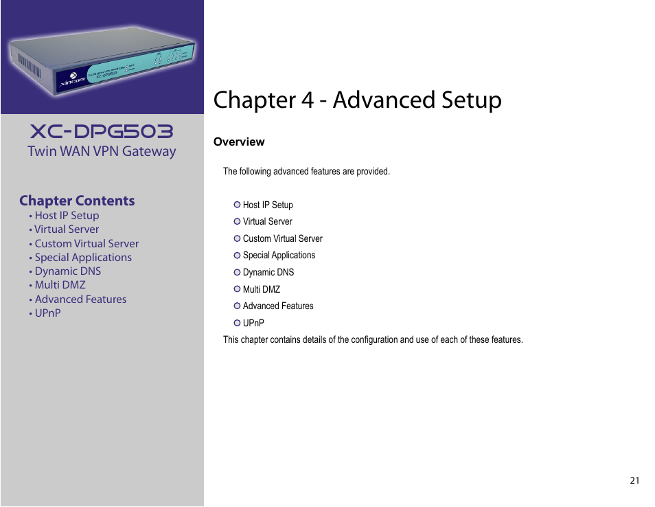 Chapter 4: advanced setup, Chapter 4 - advanced setup, Xc-dpg503 | XiNCOM Twin WAN XC-DPG503 User Manual | Page 21 / 51