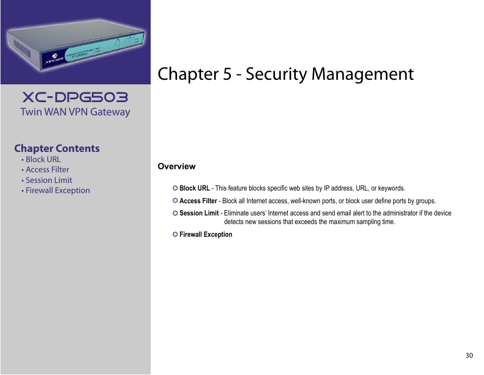 Chapter 5: security management, Chapter 5 - security management, Xc-dpg503 | XiNCOM Twin WAN XC-DPG503 User Manual | Page 30 / 51