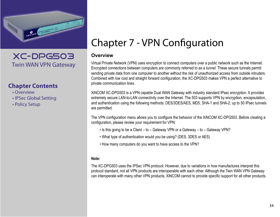 Chapter 7: vpn configuration, Chapter 7 - vpn conﬁguration, Xc-dpg503 | Twin wan vpn gateway chapter contents | XiNCOM Twin WAN XC-DPG503 User Manual | Page 34 / 51