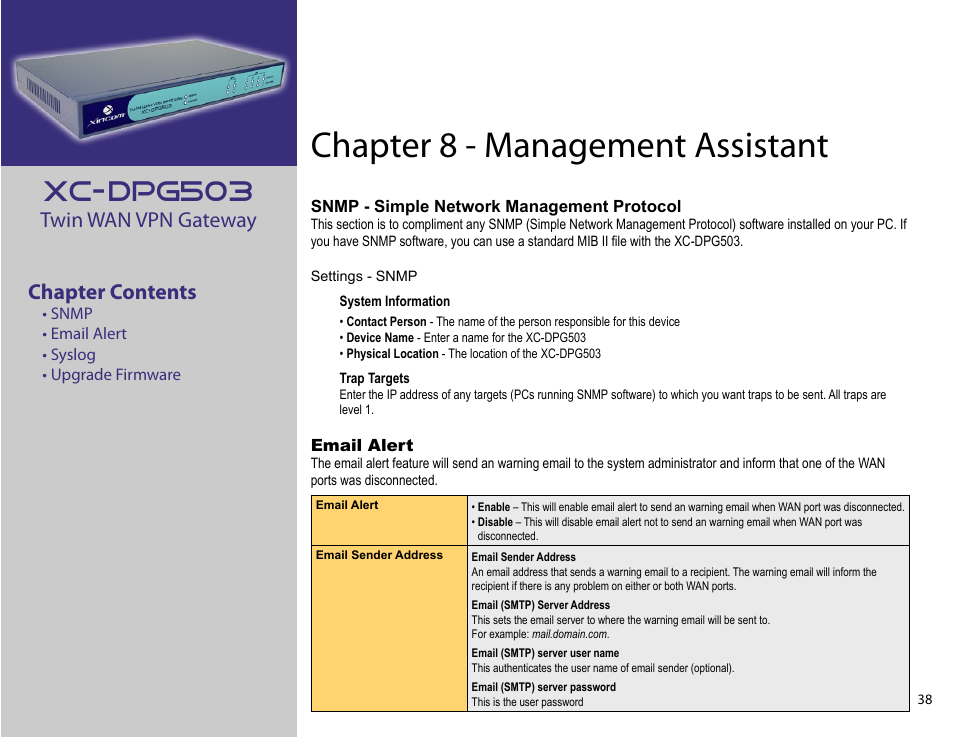 Chapter 8: management assistant, Chapter 8 - management assistant, Xc-dpg503 | Twin wan vpn gateway chapter contents | XiNCOM Twin WAN XC-DPG503 User Manual | Page 38 / 51