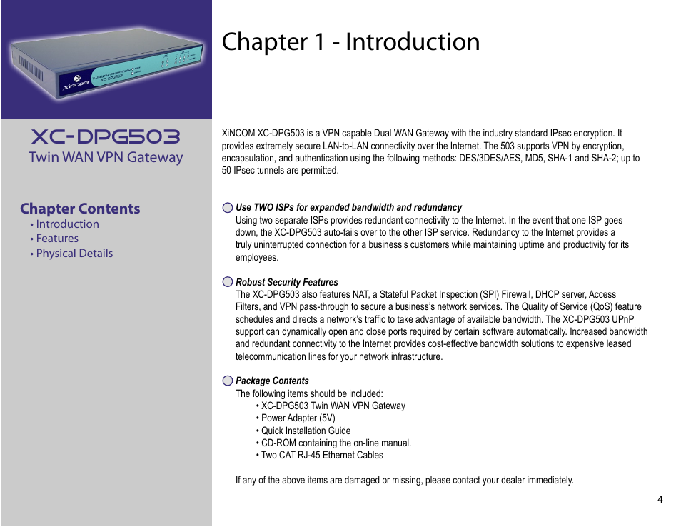 Chapter 1: introduction, Chapter 1 - introduction, Xc-dpg503 | Twin wan vpn gateway chapter contents | XiNCOM Twin WAN XC-DPG503 User Manual | Page 4 / 51