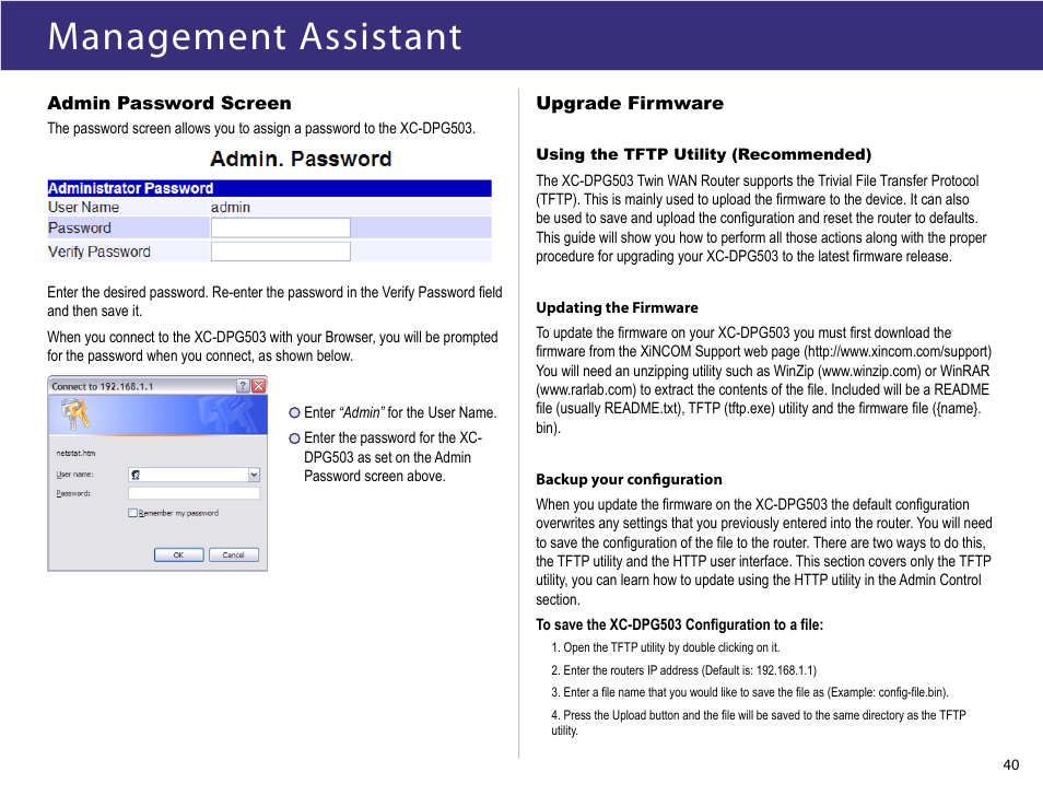 Upgrading firmware, Management assistant | XiNCOM Twin WAN XC-DPG503 User Manual | Page 40 / 51