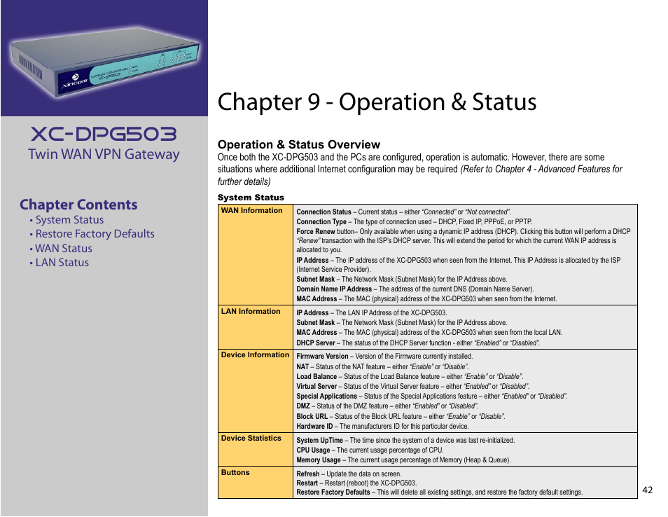 Chapter 9: operation & status, Chapter 9 - operation & status, Xc-dpg503 | Twin wan vpn gateway chapter contents, Operation & status overview | XiNCOM Twin WAN XC-DPG503 User Manual | Page 42 / 51