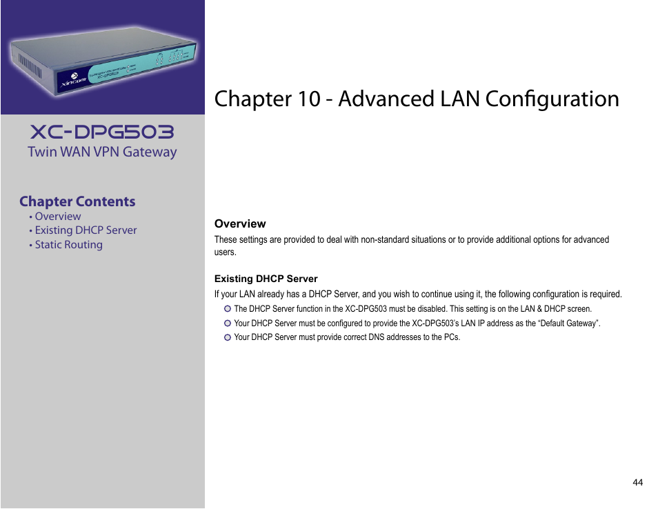 Chapter 10: advanced lan configuration, Chapter 10 - advanced lan conﬁguration, Xc-dpg503 | XiNCOM Twin WAN XC-DPG503 User Manual | Page 44 / 51