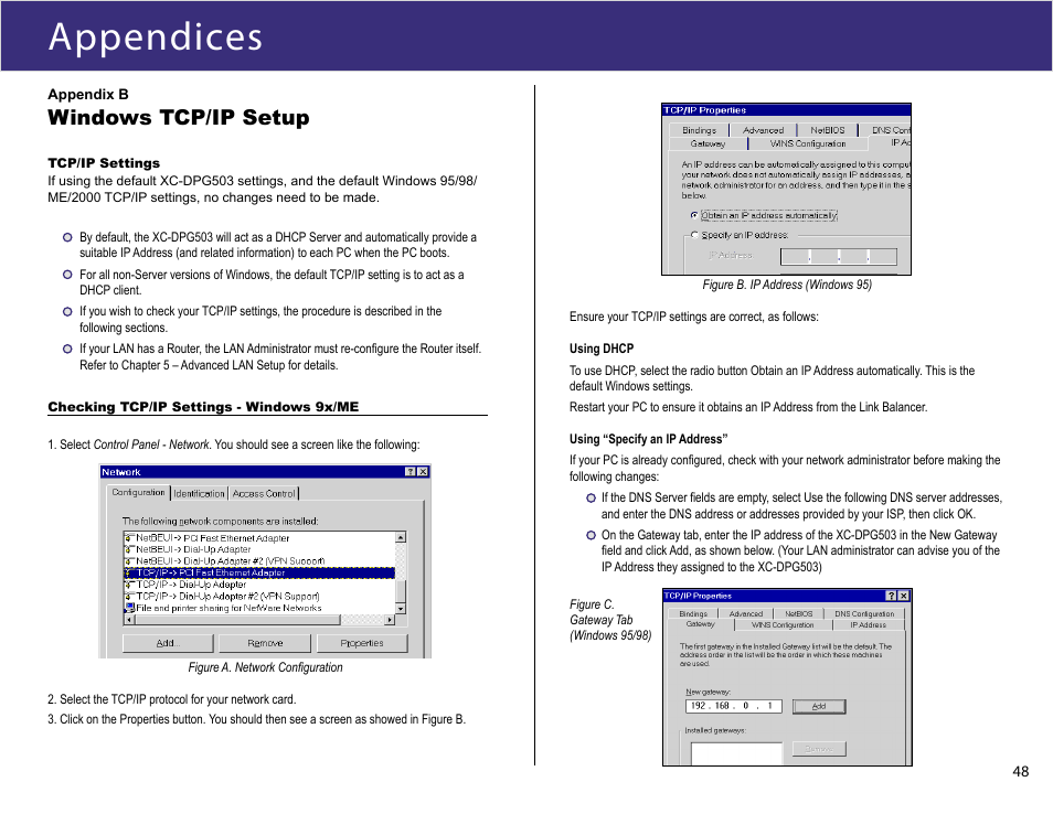 Appendix b, Appendices, Windows tcp/ip setup | XiNCOM Twin WAN XC-DPG503 User Manual | Page 48 / 51