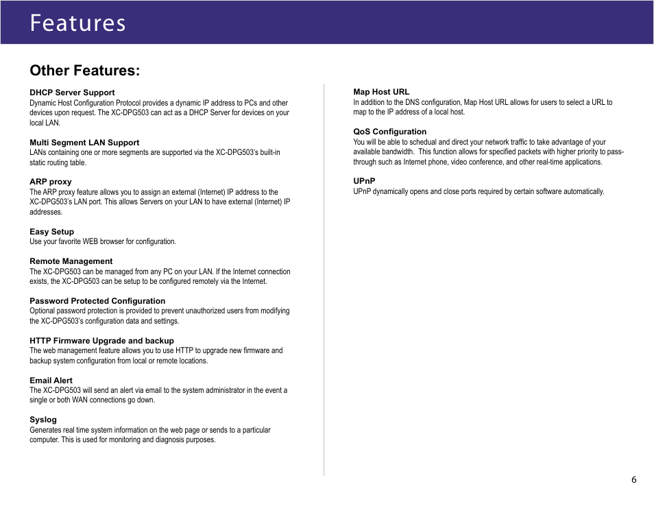 Features, Other features | XiNCOM Twin WAN XC-DPG503 User Manual | Page 6 / 51