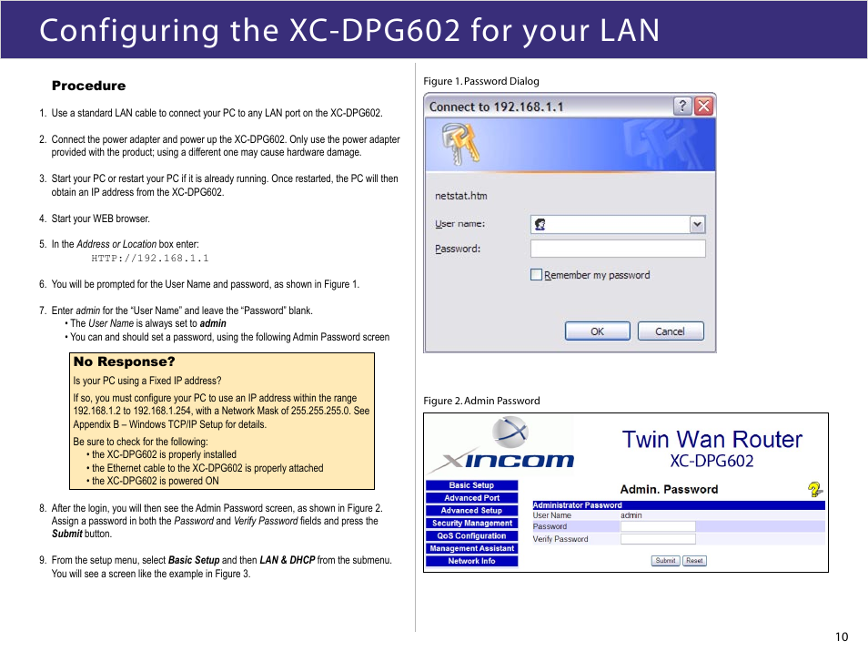 Configuring the xc-dpg602 for your lan | XiNCOM Twin WAN XC-DPG602 User Manual | Page 10 / 52