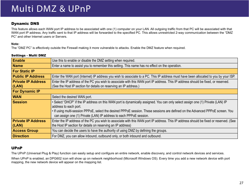 Multi dmz & upnp | XiNCOM Twin WAN XC-DPG602 User Manual | Page 27 / 52