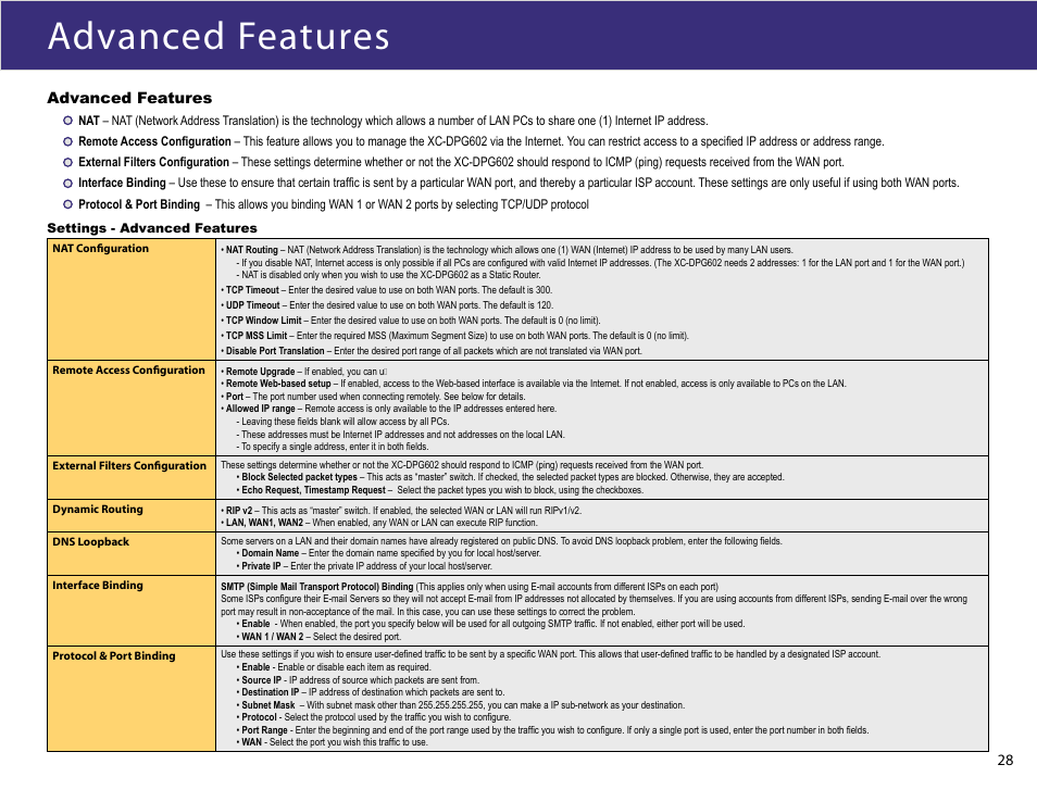 Advanced features | XiNCOM Twin WAN XC-DPG602 User Manual | Page 28 / 52