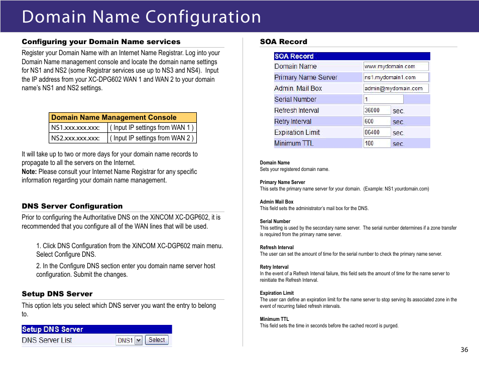 Domain name configuration | XiNCOM Twin WAN XC-DPG602 User Manual | Page 36 / 52