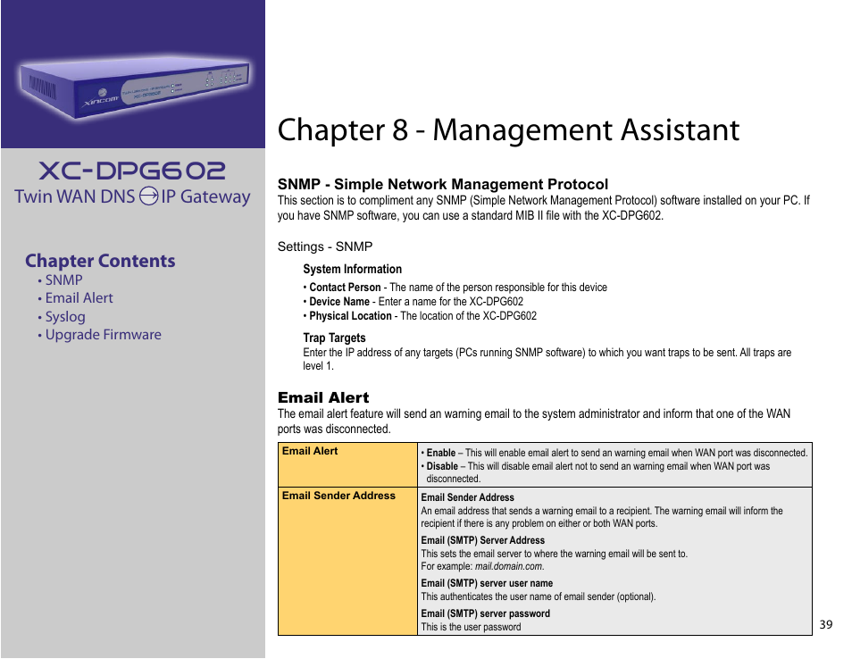 Chapter 8: management assistant, Chapter 8 - management assistant, Xc-dpg602 | Twin wan dns ip gateway chapter contents | XiNCOM Twin WAN XC-DPG602 User Manual | Page 39 / 52