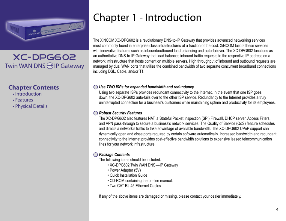 Chapter 1: introduction, Chapter 1 - introduction, Xc-dpg602 | Twin wan dns ip gateway chapter contents | XiNCOM Twin WAN XC-DPG602 User Manual | Page 4 / 52