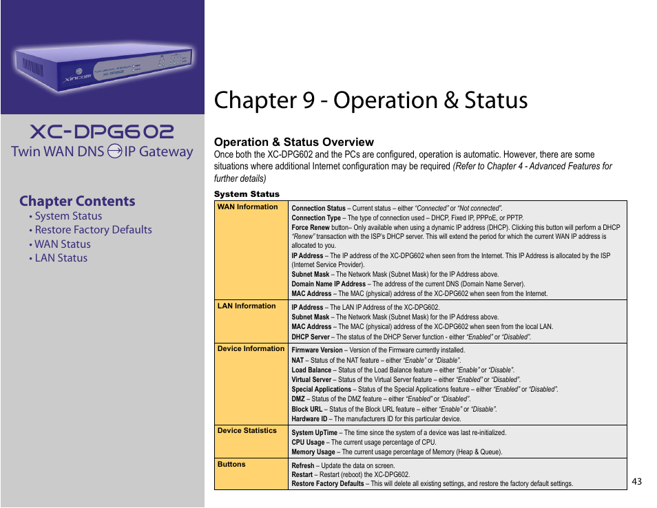 Chapter 9: operation & status, Chapter 9 - operation & status, Xc-dpg602 | Twin wan dns ip gateway chapter contents | XiNCOM Twin WAN XC-DPG602 User Manual | Page 43 / 52