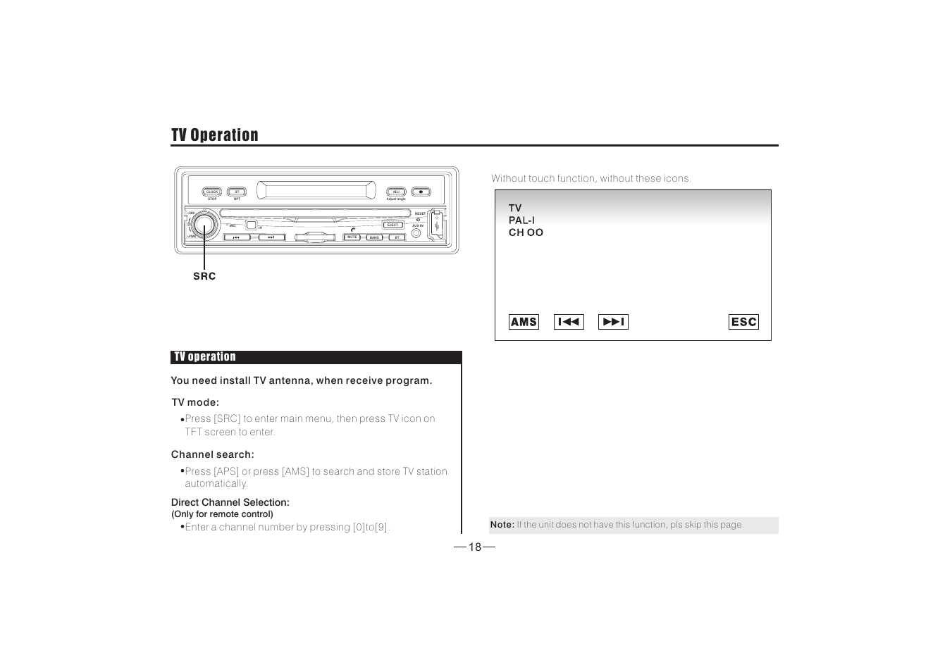 Tv operation, 18 tv operation, Without touch function, without these icons | XO Vision X348NT User Manual | Page 19 / 27