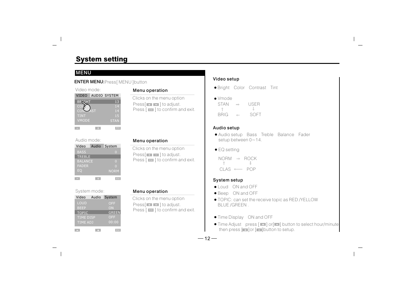 System setting | XO Vision XO1915BT User Manual | Page 13 / 25