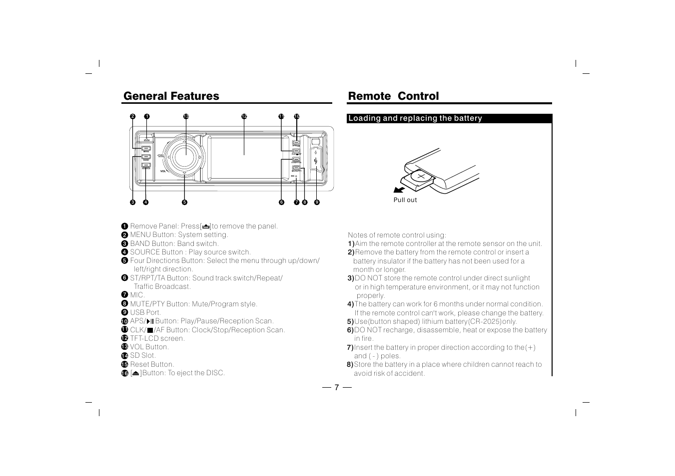 General features, Remote control | XO Vision XO1915BT User Manual | Page 8 / 25