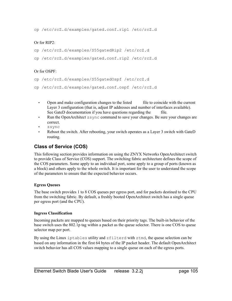 Class of service (cos), Egress queues, Ingress classification | Znyx Networks bh5700 User Manual | Page 105 / 359