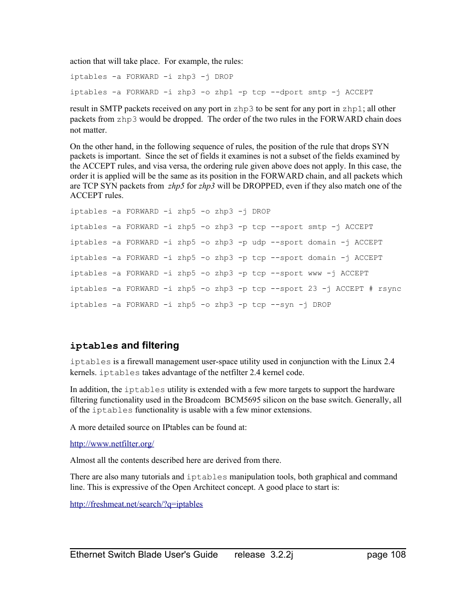 Iptables and filtering | Znyx Networks bh5700 User Manual | Page 108 / 359