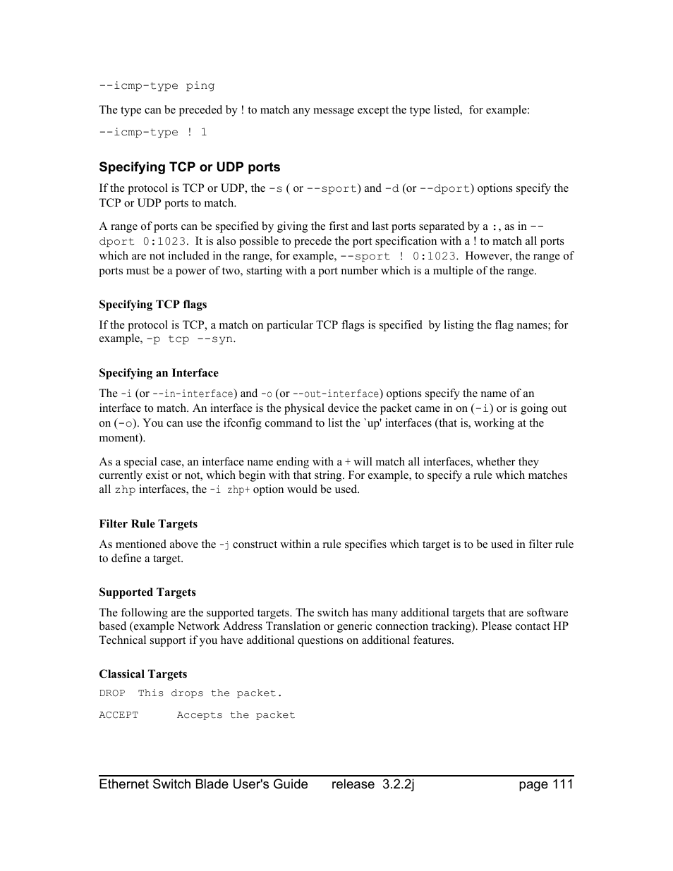 Specifying tcp or udp ports, Specifying tcp flags, Specifying an interface | Filter rule targets, Supported targets, Classical targets | Znyx Networks bh5700 User Manual | Page 111 / 359