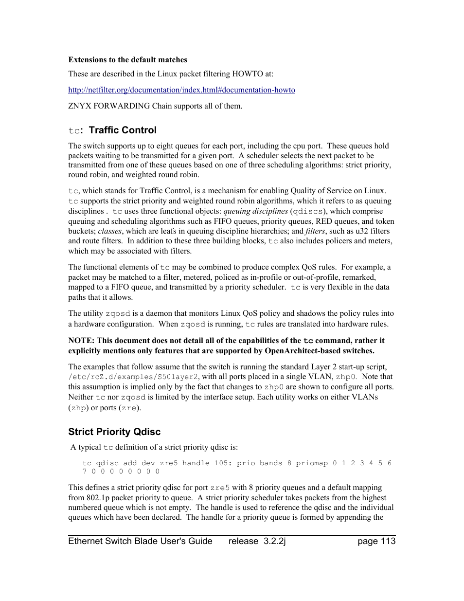 Extensions to the default matches, Tc: traffic control, Strict priority qdisc | Znyx Networks bh5700 User Manual | Page 113 / 359