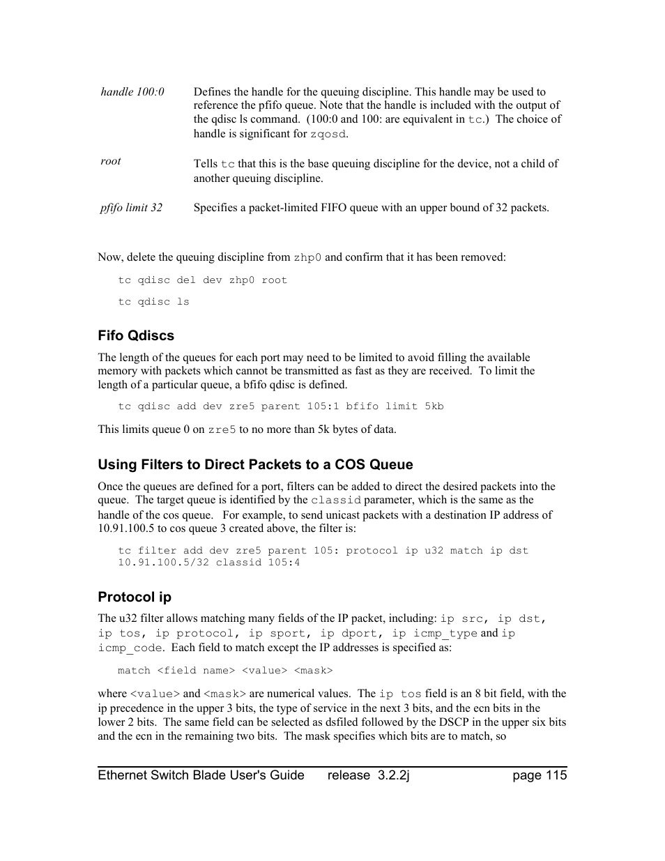 Fifo qdiscs, Using filters to direct packets to a cos queue, Protocol ip | Znyx Networks bh5700 User Manual | Page 115 / 359