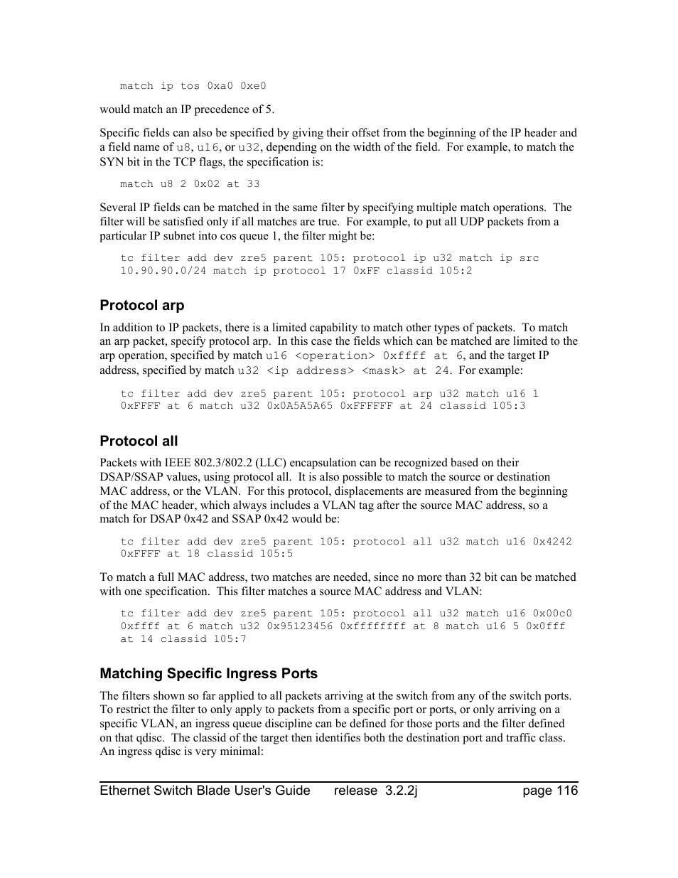 Protocol arp, Protocol all, Matching specific ingress ports | Znyx Networks bh5700 User Manual | Page 116 / 359