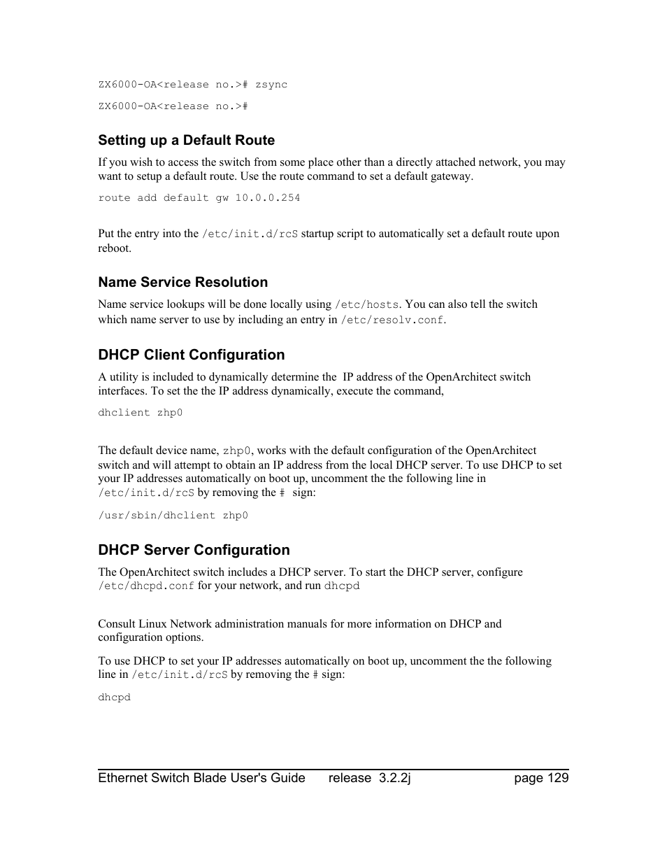 Setting up a default route, Name service resolution, Dhcp client configuration | Dhcp server configuration | Znyx Networks bh5700 User Manual | Page 129 / 359