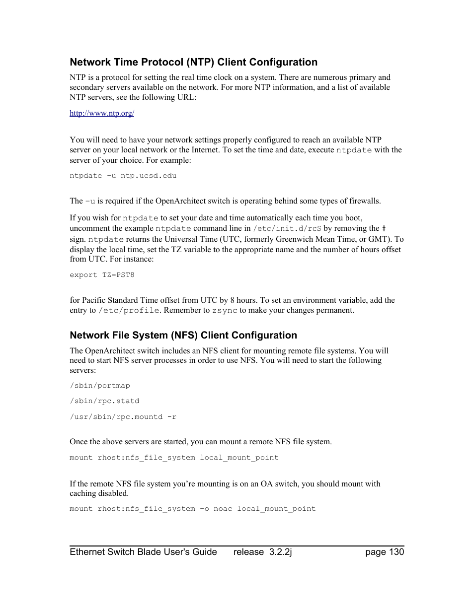 Network time protocol (ntp) client configuration, Network file system (nfs) client configuration | Znyx Networks bh5700 User Manual | Page 130 / 359