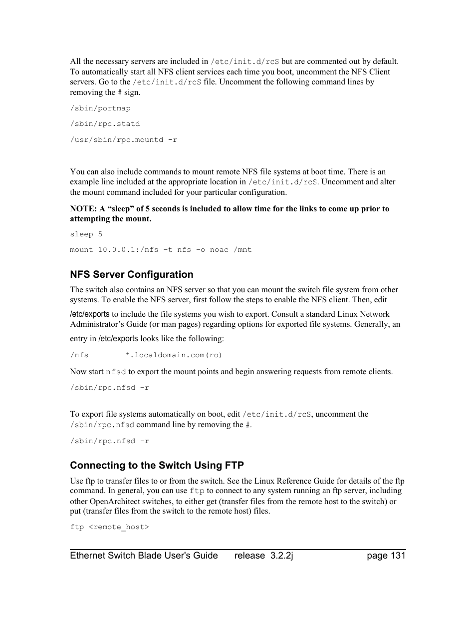 Nfs server configuration, Connecting to the switch using ftp | Znyx Networks bh5700 User Manual | Page 131 / 359
