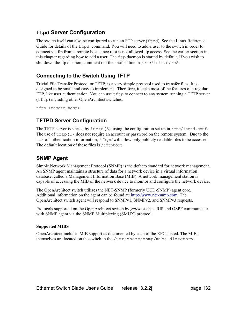 Ftpd server configuration, Connecting to the switch using tftp, Tftpd server configuration | Snmp agent, Supported mibs | Znyx Networks bh5700 User Manual | Page 132 / 359