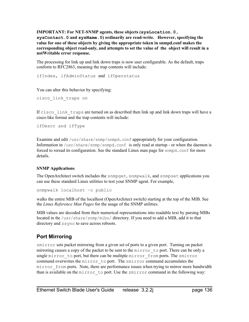 Snmp applications, Port mirroring | Znyx Networks bh5700 User Manual | Page 136 / 359