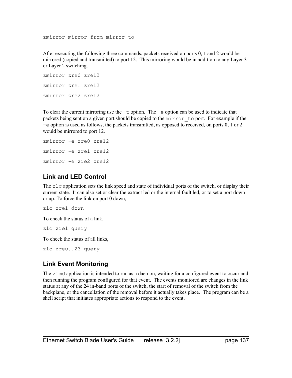 Link and led control, Link event monitoring | Znyx Networks bh5700 User Manual | Page 137 / 359