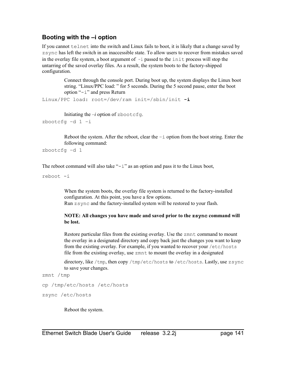 Booting with the –i option | Znyx Networks bh5700 User Manual | Page 141 / 359