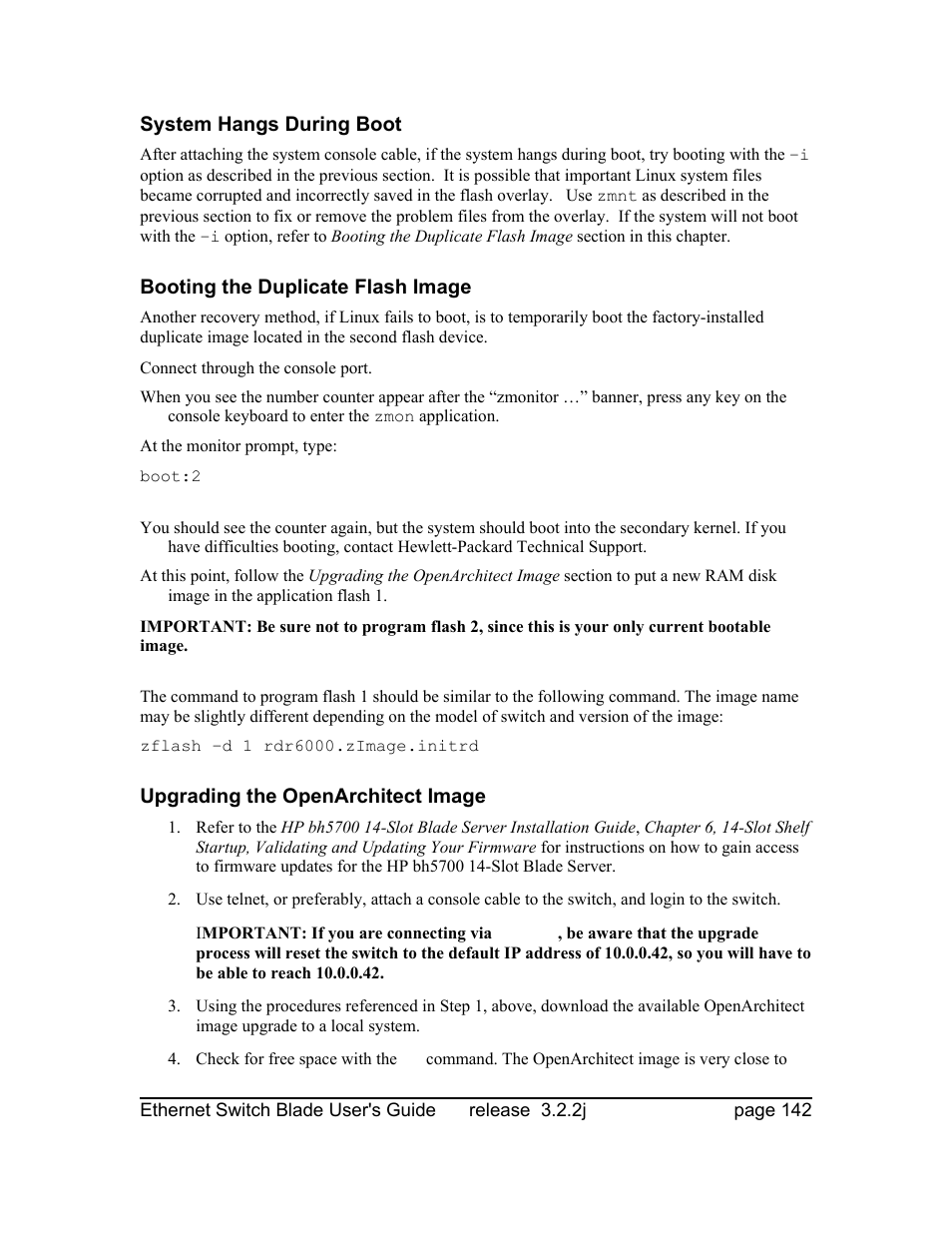 System hangs during boot, Booting the duplicate flash image, Upgrading the openarchitect image | Znyx Networks bh5700 User Manual | Page 142 / 359
