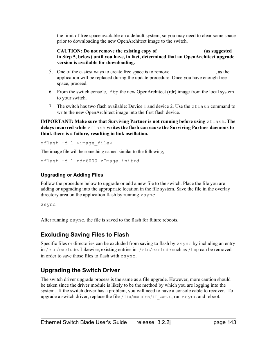 Upgrading or adding files, Excluding saving files to flash, Upgrading the switch driver | Znyx Networks bh5700 User Manual | Page 143 / 359