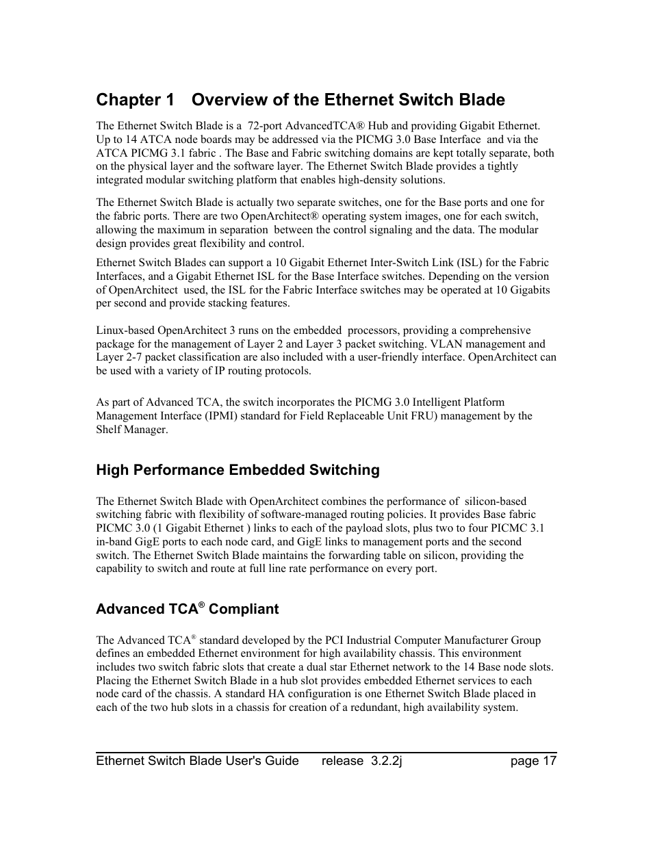 Chapter 1 overview of the ethernet switch blade, High performance embedded switching, Advanced tca® compliant | Znyx Networks bh5700 User Manual | Page 17 / 359